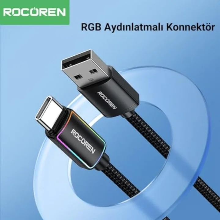 Type-C to USB-A RGB Aydınlatmalı 3A Hızlı Şarj ve Data Kablosu 1 Metre