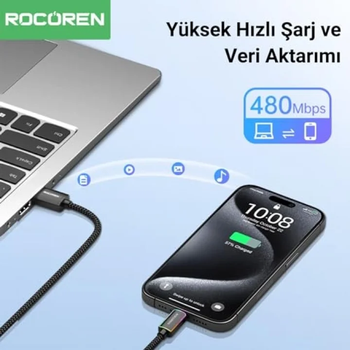 Type-C to USB-A RGB Aydınlatmalı 3A Hızlı Şarj ve Data Kablosu 1 Metre