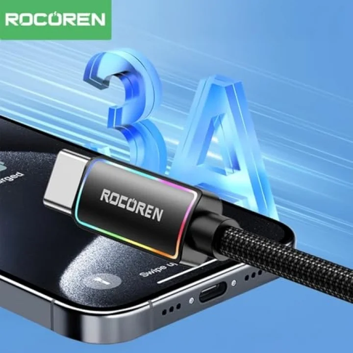 Type-C to USB-A RGB Aydınlatmalı 3A Hızlı Şarj ve Data Kablosu 1 Metre