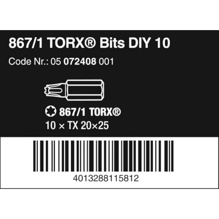 Uç Çeşitleri, 867/1 TX 20 DIY, TX 20 x 25 mm (Kutu Başına 10 Uç), 05072408001
