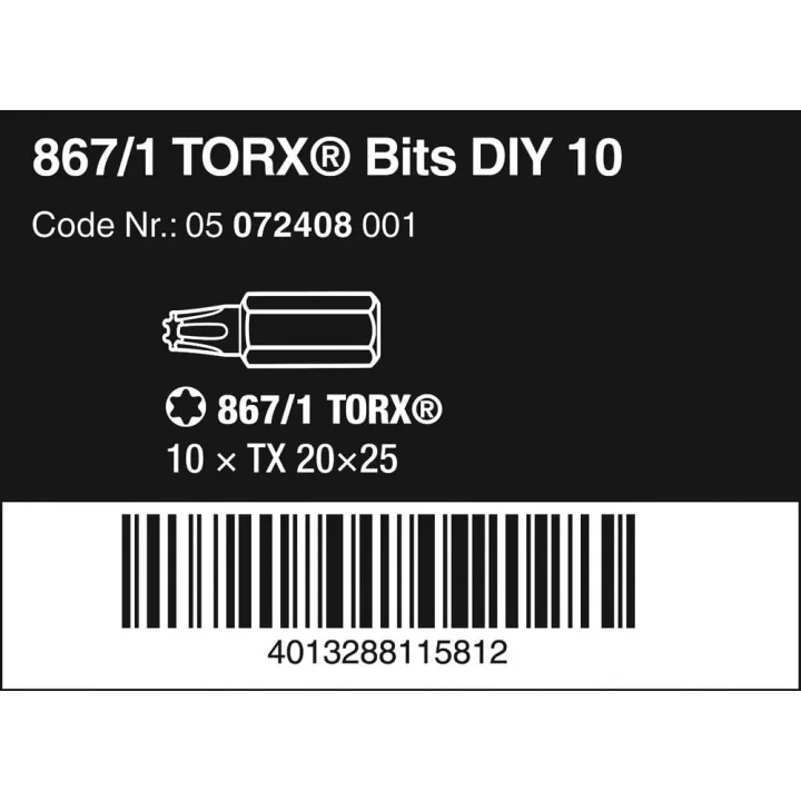 Uç Çeşitleri, 867/1 TX 20 DIY, TX 20 x 25 mm (Kutu Başına 10 Uç), 05072408001