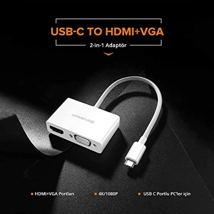 Ugreen Type-C to HDMI-VGA Dönüştürücü Adaptör Beyaz