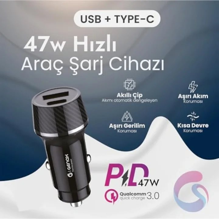 Ultra Hızlı 47W Araç Şarj Başlığı - Tüm Cihazlar ile uyumlu
