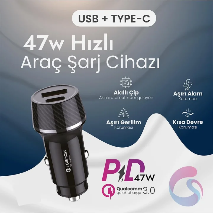 Ultra Hızlı 47W Araç Şarj Başlığı - Tüm Cihazlar ile uyumlu