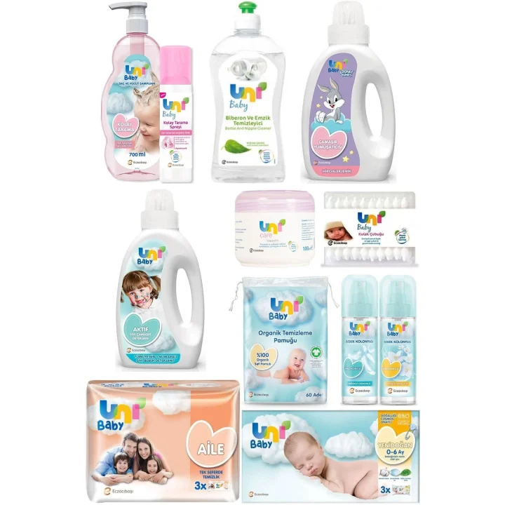 Uni Baby Bebek Bakım Seti 12 Parça, Tek Ebat