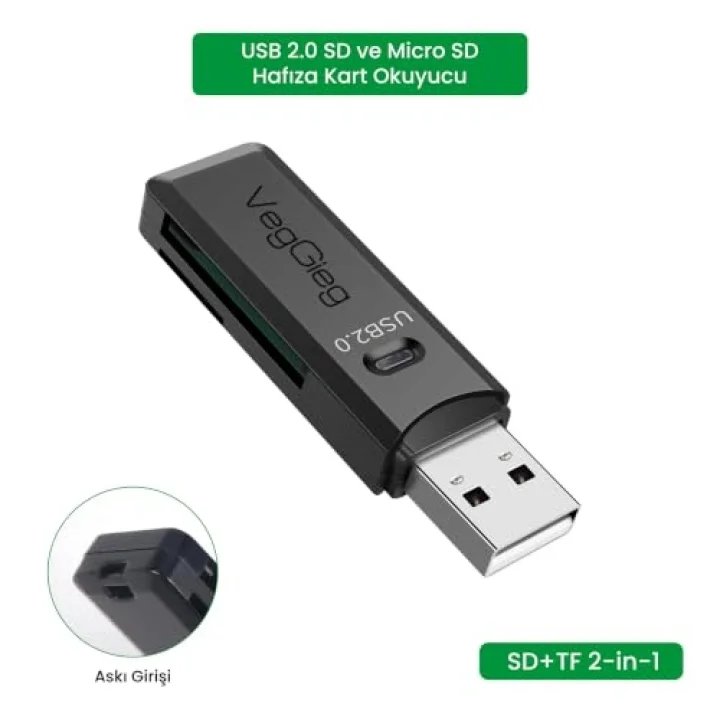 USB 2.0 SD ve Micro SD Hafıza Kart Okuyucu Siyah