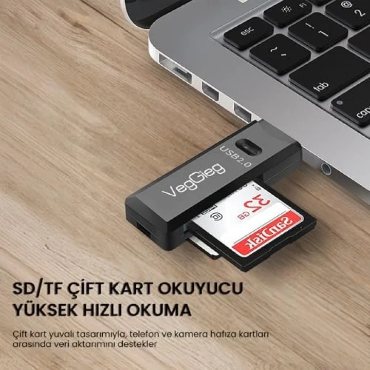 USB 2.0 SD ve Micro SD Hafıza Kart Okuyucu Siyah