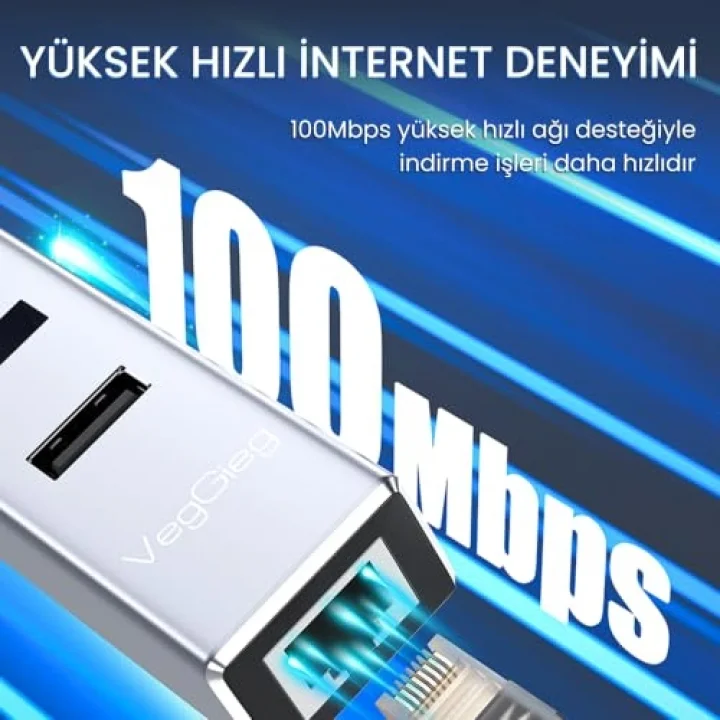 USB 2.0 to 100Mbps Ethernet Çevirici ve 3 Portlu USB Hub Çoklayıcı