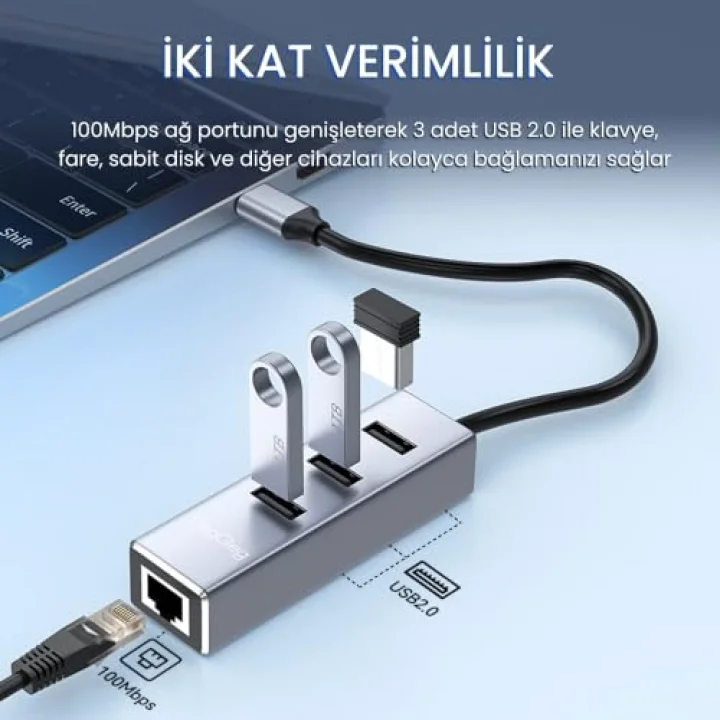 USB 2.0 to 100Mbps Ethernet Çevirici ve 3 Portlu USB Hub Çoklayıcı