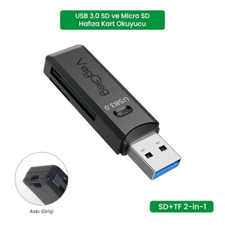 USB 3.0 SD ve Micro SD Hafıza Kart Okuyucu Siyah