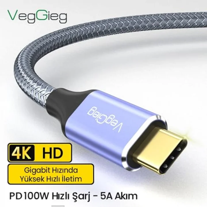 USB 3.1 Type-C PD 100W 5A 10Gbps 4K 60Hz Destekli Kablo 2 Metre