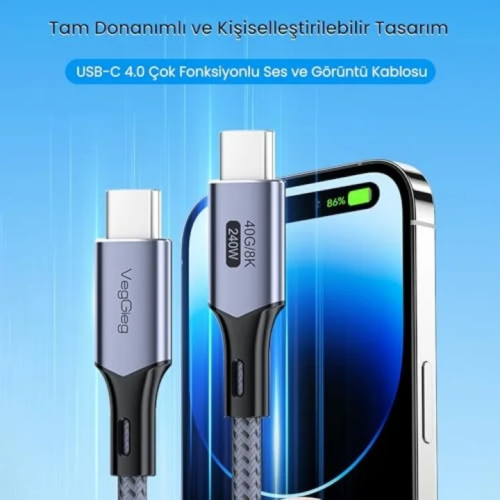 USB 4.0 E-Mark 240W 40Gbps Thunderbolt 4 8K 60Hz Type-C Görüntü Hızlı Şarj ve Data Kablosu 50 CM