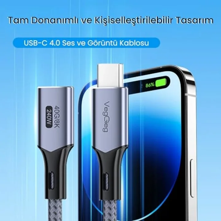 USB 4.0 E-Mark 240W 40Gbps Thunderbolt 4 8K 60Hz Type-C Uzatma Kablosu 1 Metre
