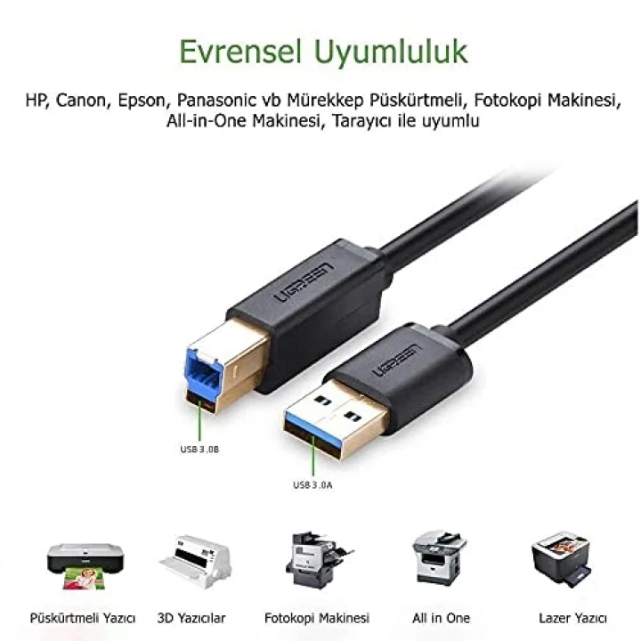 USB-A 3.0 & USB-B 3.0 Yazıcı Kablosu, 1 Metre, Siyah