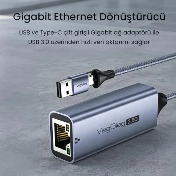 USB-A ve Type-C 2.5G Gigabit Ethernet Dönüştürücü Adaptör