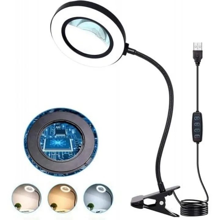 USB Büyüteçli LED Masa Lambası, 3 Renk Modu, Klipsli Tasarım, Esnek Boyun, Doğal Işık, Sıcak Işık, Soğuk Işık