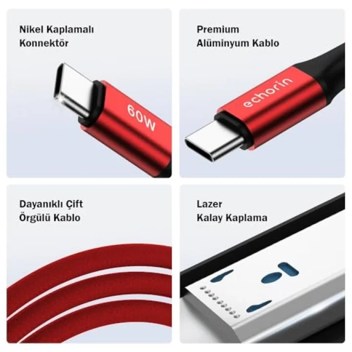 USB Cden USB Cye 60W, 2.4A, 1m, PD 2.0, Çift Kat Örgülü Hızlı Şarj ve Data Kablosu (Kırmızı, 1 metre)