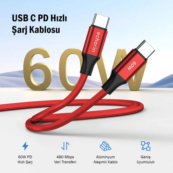 USB Cden USB Cye 60W, 2.4A, 1m, PD 2.0, Çift Kat Örgülü Hızlı Şarj ve Data Kablosu (Kırmızı, 1 metre)