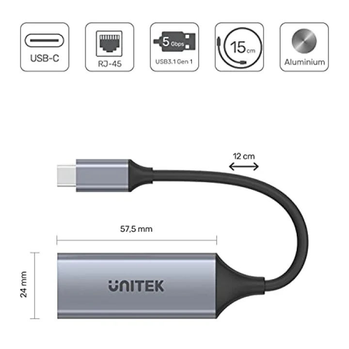USB-C Gigabit Ethernet Adaptörü │ USB tip C RJ45 LAN Ethernet 10/100/1000 Mbps Dönüştürücü│ USB 3.0 5 Gbps │ Alüminyum, Kablo 12 cm │ Neztweradapter Win, Mac, Linux│Plug&Play