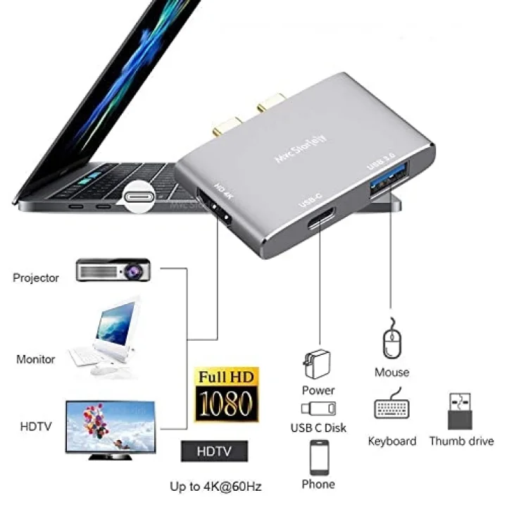 USB-C HDMI Adaptör, MacBook Air ve Pro Uyumlu Dual USB-C Hub, 4K HDMI Görüntü Aktarımı, USB 3.0 5Gbps Veri, 100W PD Şarj Geçişli, Alüminyum Çoklayıcı Gri