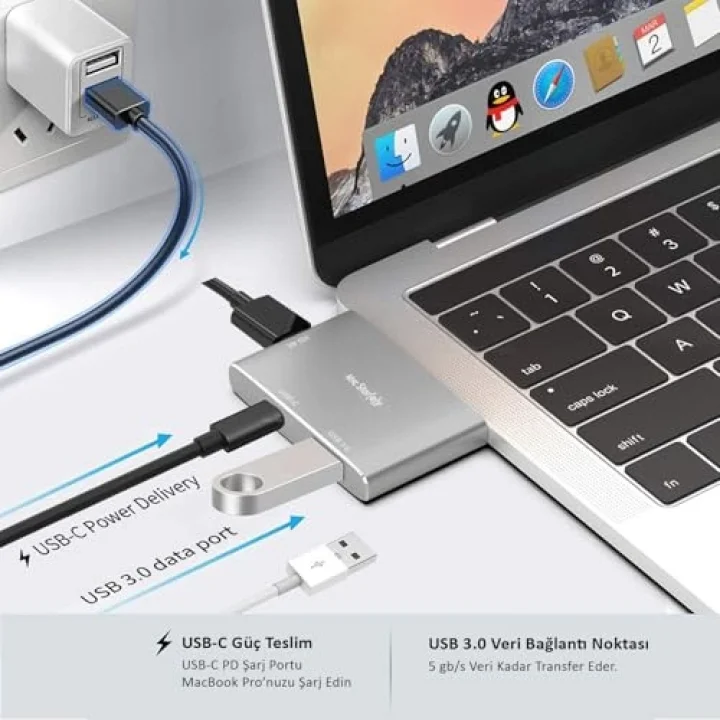 USB-C HDMI Adaptör, MacBook Air ve Pro Uyumlu Dual USB-C Hub, 4K HDMI Görüntü Aktarımı, USB 3.0 5Gbps Veri, 100W PD Şarj Geçişli, Alüminyum Çoklayıcı Gri