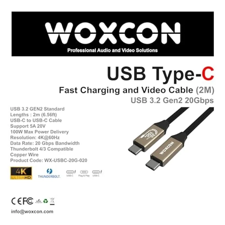 USB C Hızlı Şarj ve Görüntü Kablosu, USB 3.2 GEN2 Standart 20G Bandwith, Thunderbolt 4/3 uyumluluk, 4K 60Hz Çözünürlüğüne kadar destekler, 5A 20V, 100W Şarj Gücü 2 Metre