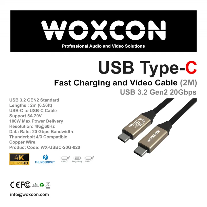 USB C Hızlı Şarj ve Görüntü Kablosu, USB 3.2 GEN2 Standart 20G Bandwith, Thunderbolt 4/3 uyumluluk, 4K 60Hz Çözünürlüğüne kadar destekler, 5A 20V, 100W Şarj Gücü 2 Metre