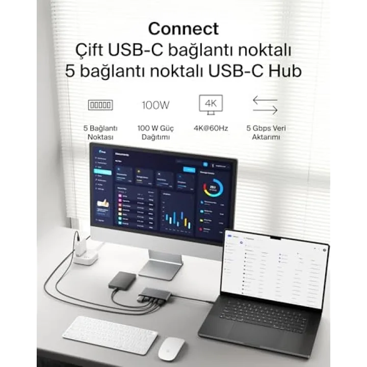 USB-C Hub, 5 Portlu, 60 Hz’de 4K HDMI Ekran Desteği, 100W Güç İletimi, 5Gbps Veri Aktarımı, MacBook, iPad Pro, Chromebook ve Dahası İçin USB-C Çoklu Port Adaptörü, Geliştirilmiş HDMI 2.0, Gri