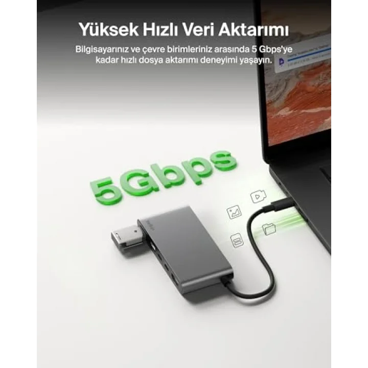 USB-C Hub, 5 Portlu, 60 Hz’de 4K HDMI Ekran Desteği, 100W Güç İletimi, 5Gbps Veri Aktarımı, MacBook, iPad Pro, Chromebook ve Dahası İçin USB-C Çoklu Port Adaptörü, Geliştirilmiş HDMI 2.0, Gri