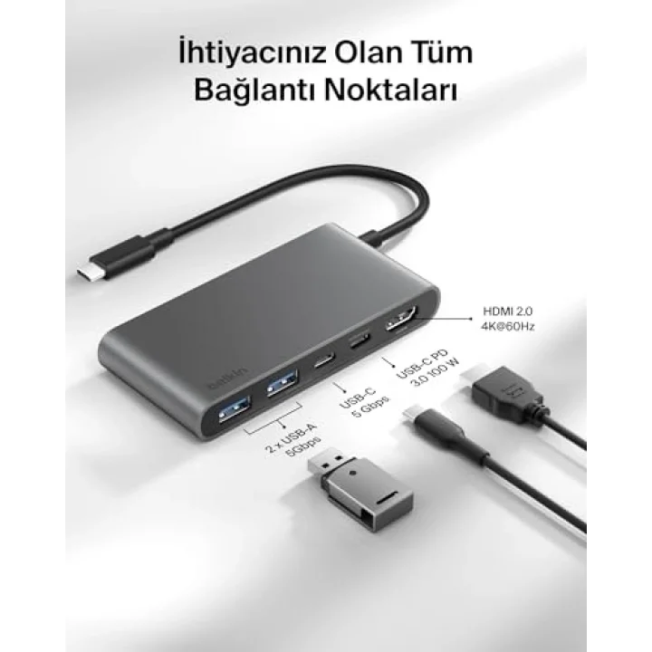 USB-C Hub, 5 Portlu, 60 Hz’de 4K HDMI Ekran Desteği, 100W Güç İletimi, 5Gbps Veri Aktarımı, MacBook, iPad Pro, Chromebook ve Dahası İçin USB-C Çoklu Port Adaptörü, Geliştirilmiş HDMI 2.0, Gri