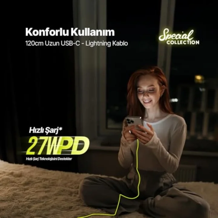 USB-C - Lightning Hızlı Şarj Kablosu 120cm Neon (Neon Sarı)