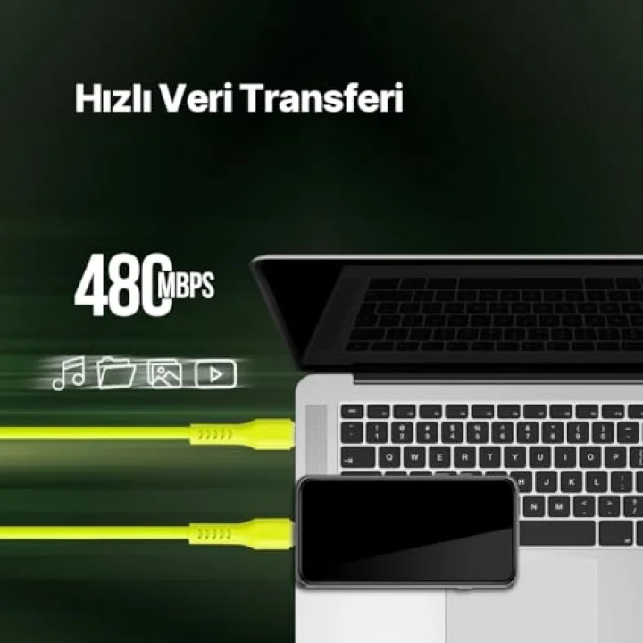 USB-C - Lightning Hızlı Şarj Kablosu 120cm Neon (Neon Sarı)
