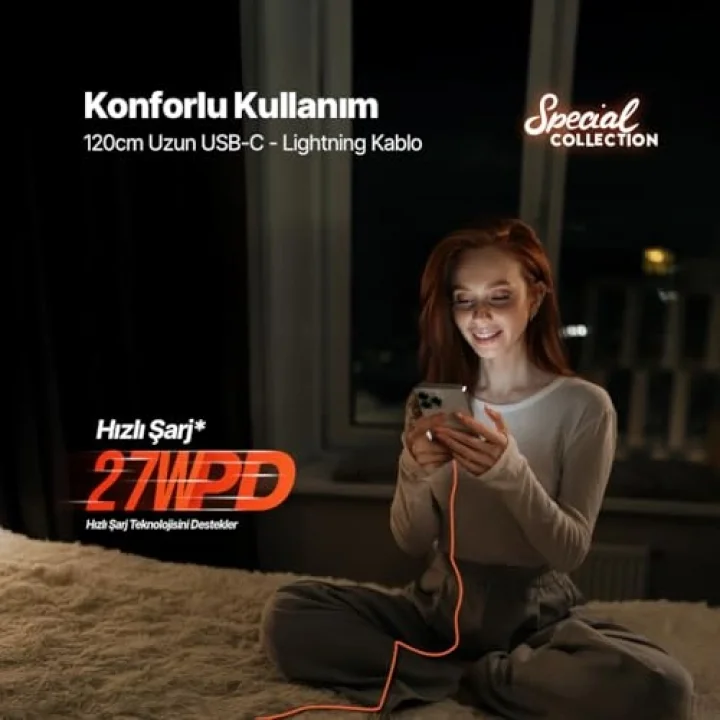 USB-C - Lightning Hızlı Şarj Kablosu 120cm Neon (Neon Turuncu)