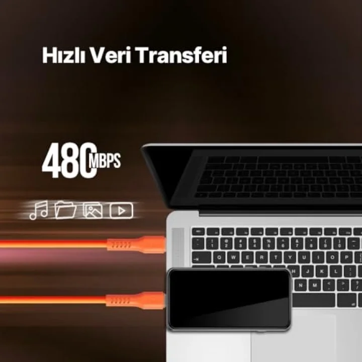 USB-C - Lightning Hızlı Şarj Kablosu 120cm Neon (Neon Turuncu)