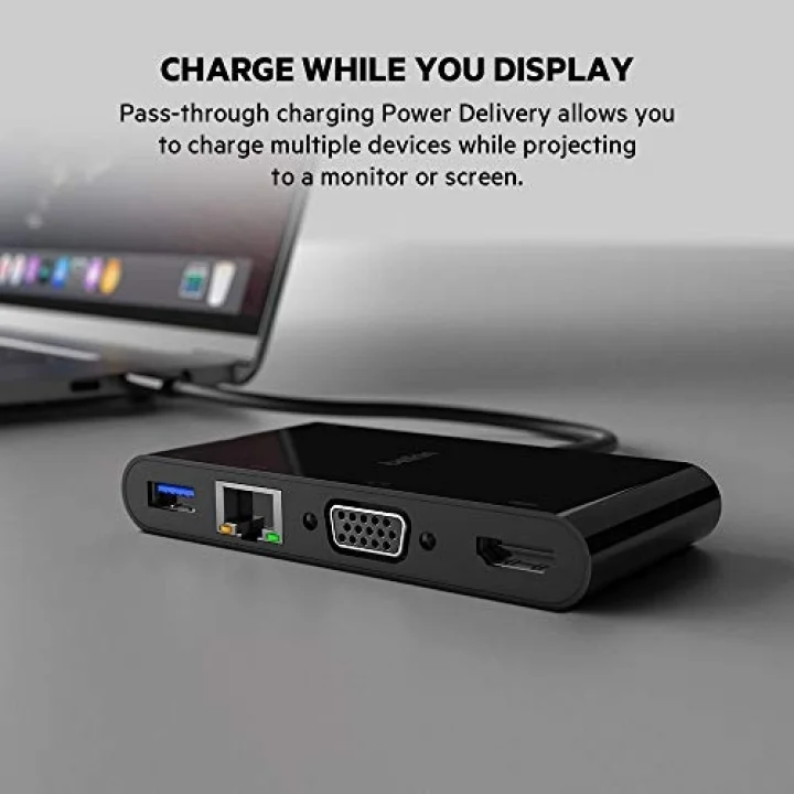 USB-C Multimedia Adaptörü (VGA, 4K HDMI, USB 3.0, Ethernet Bağlantı Noktalı USB-C Hub) MacBook Pro, iPad Pro, Surface Pro, Chromebook ve daha fazlası için 100 W Doğrudan İletimli Güç