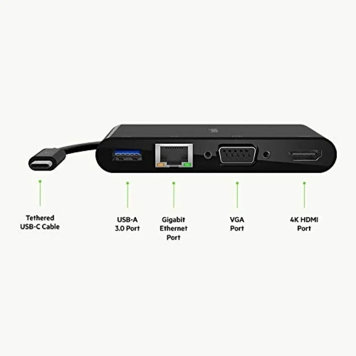 USB-C Multimedia Adaptörü (VGA, 4K HDMI, USB 3.0, Ethernet Bağlantı Noktalı USB-C Hub) MacBook Pro, iPad Pro, Surface Pro, Chromebook ve daha fazlası için 100 W Doğrudan İletimli Güç
