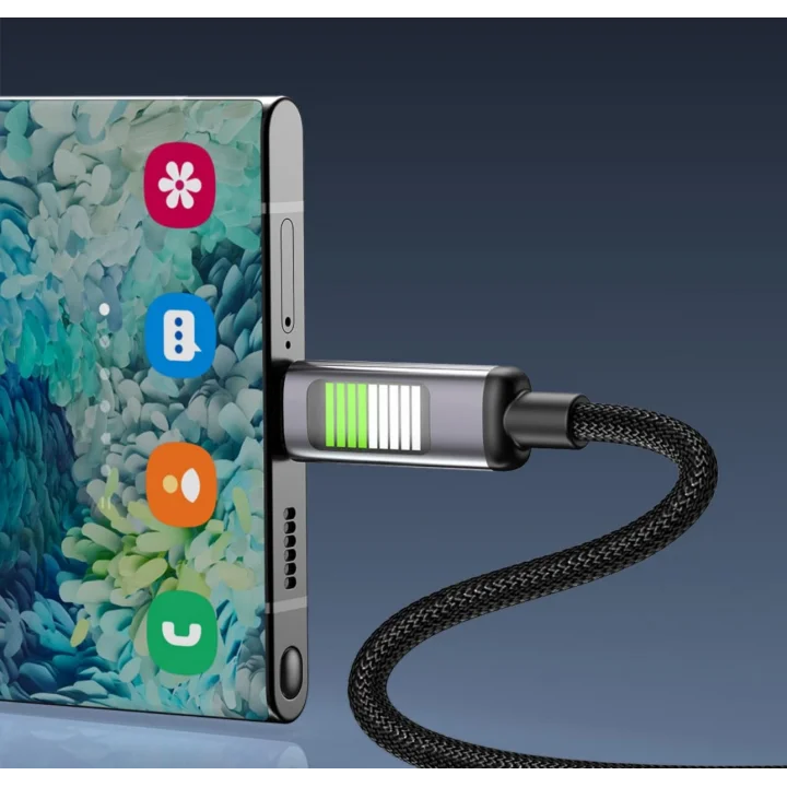 USB-C Şarj Kablosu, LED Göstergeli, Örgülü Naylon Kablo, Akıllı Telefonlar için Hızlı Şarj, Siyah, 100cm Type-c to Type-c 60w
