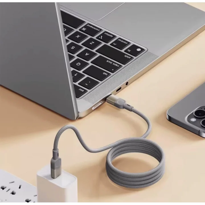 USB-C Şarj Kablosu, Örgülü Naylon, Gri, Hızlı Şarj, Type-c to Type-c, Manyetik Kablo, 1 Metre