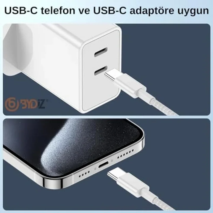 USB-C to USB-C Hızlı Şarj Kablosu Type-C 60W PD, 1m Örgülü Şarj Kablosu; iPhone 15 16 17 Pro Max, Samsung S24 S23 Ultra, iPad Pro ve USB-C Cihazlarla Uyumlu - Bydiz