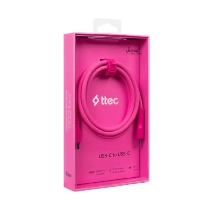 USB-C - USB-C 120cm 60W PD/QC Hızlı Şarj/Data Kablosu Neon 2DK59N (Neon Pembe)