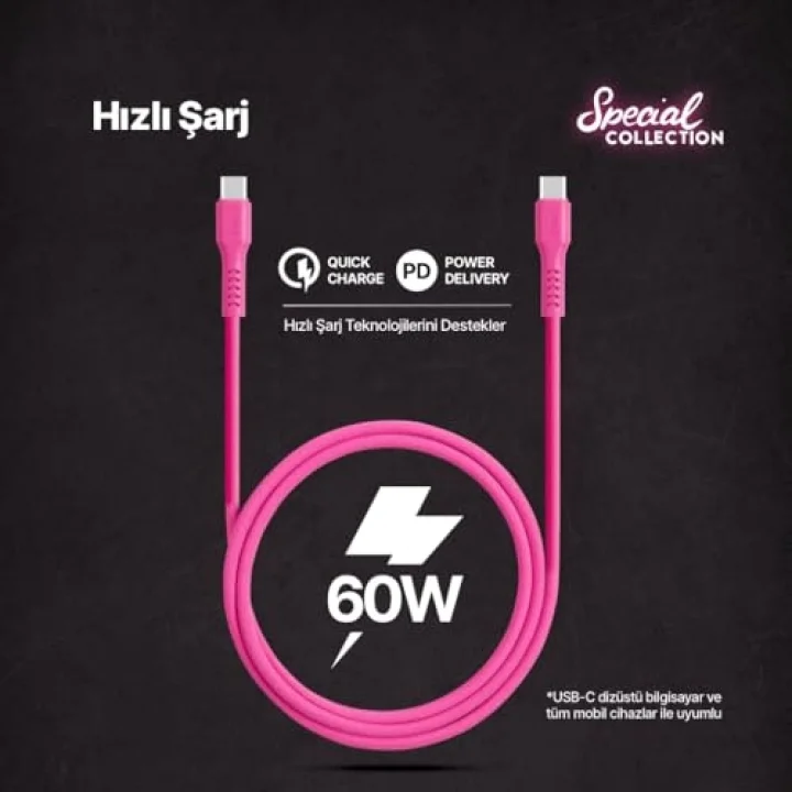 USB-C - USB-C 120cm 60W PD/QC Hızlı Şarj/Data Kablosu Neon 2DK59N (Neon Pembe)