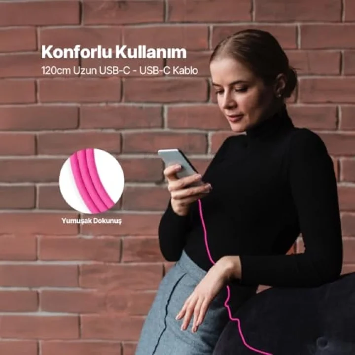 USB-C - USB-C 120cm 60W PD/QC Hızlı Şarj/Data Kablosu Neon 2DK59N (Neon Pembe)