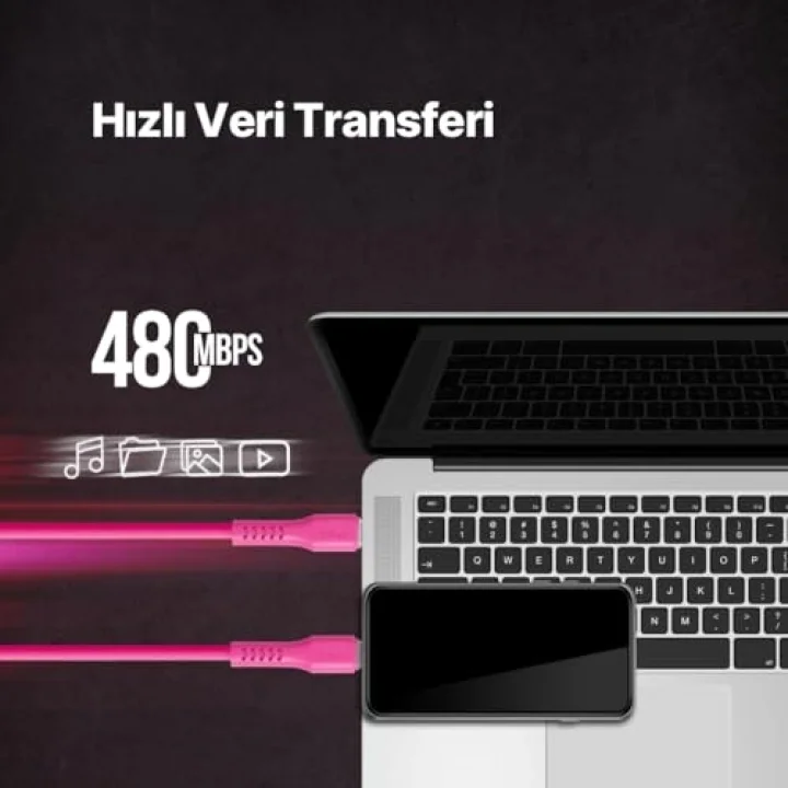 USB-C - USB-C 120cm 60W PD/QC Hızlı Şarj/Data Kablosu Neon 2DK59N (Neon Pembe)