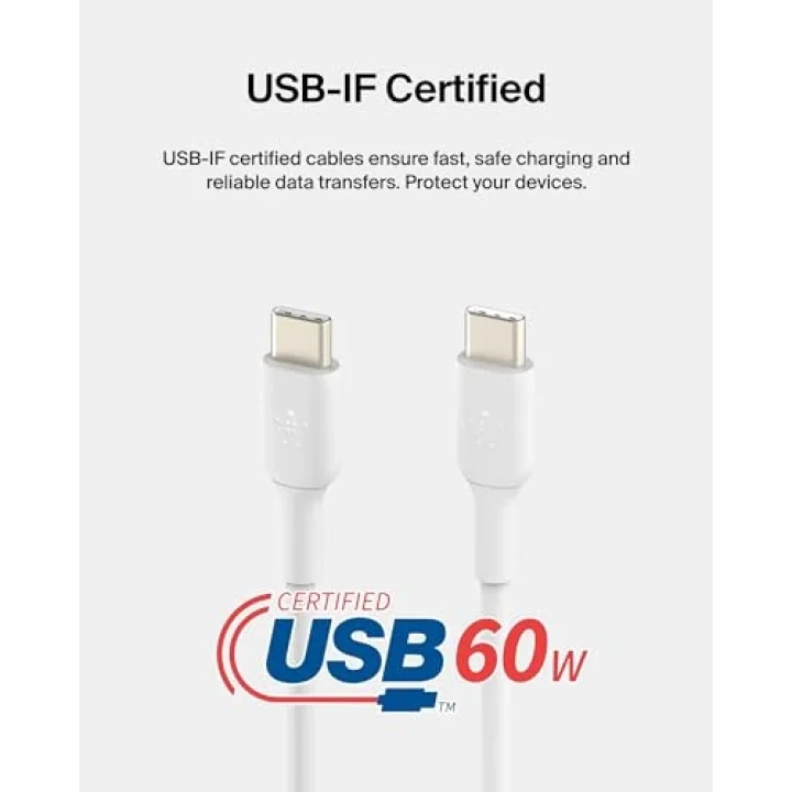 USB-C - USB-C Kablosu (1M/3.3ft), iPhone 15, iPhone 15 Pro, iPhone 15 Pro Max, iPhone 15 Plus, Galaxy S23, S22, Not, Piksel, iPad Pro, USB-C Kablosu için USB-C Hızlı Şarj Kablosu - Beyaz (2li