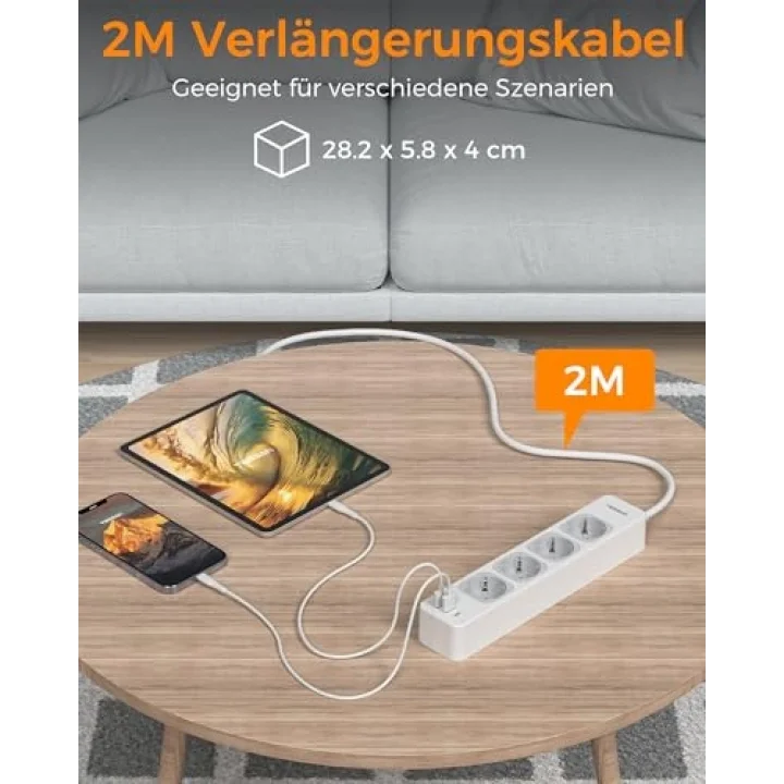USB C ve 2 USB A ile 4 Yollu Çoklu Priz, 7si 1 Arada Çoklu Priz Uzatma Kablosu 2M, Anahtarlı Çoklu Fiş, 3600W Dağıtım Prizi Çoklu Priz, USBli Çoklu Priz