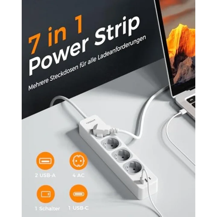 USB C ve 2 USB A ile 4 Yollu Çoklu Priz, 7si 1 Arada Çoklu Priz Uzatma Kablosu 2M, Anahtarlı Çoklu Fiş, 3600W Dağıtım Prizi Çoklu Priz, USBli Çoklu Priz