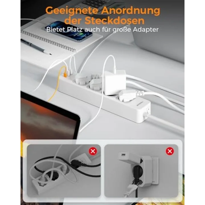 USB C ve 2 USB A ile 4 Yollu Çoklu Priz, 7si 1 Arada Çoklu Priz Uzatma Kablosu 2M, Anahtarlı Çoklu Fiş, 3600W Dağıtım Prizi Çoklu Priz, USBli Çoklu Priz