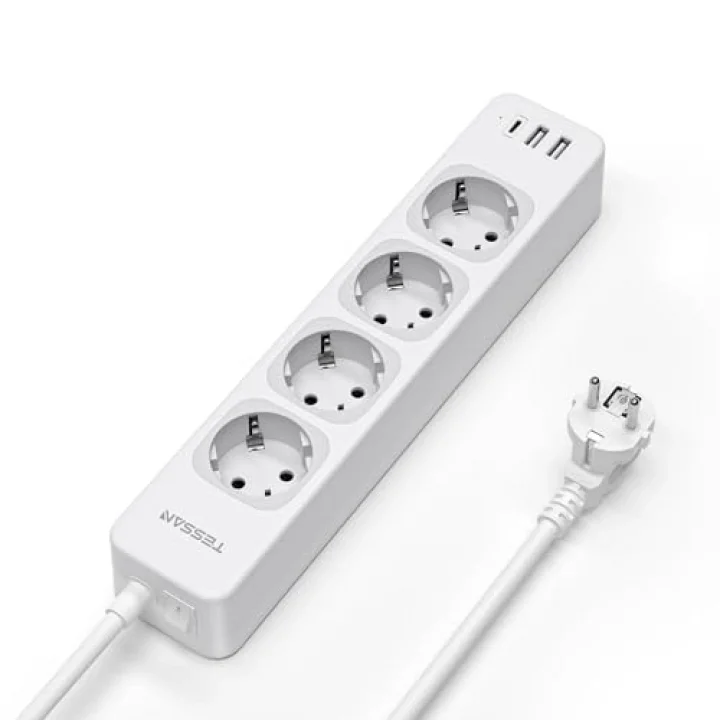 USB C ve 2 USB A ile 4 Yollu Çoklu Priz, 7si 1 Arada Çoklu Priz Uzatma Kablosu 2M, Anahtarlı Çoklu Fiş, 3600W Dağıtım Prizi Çoklu Priz, USBli Çoklu Priz