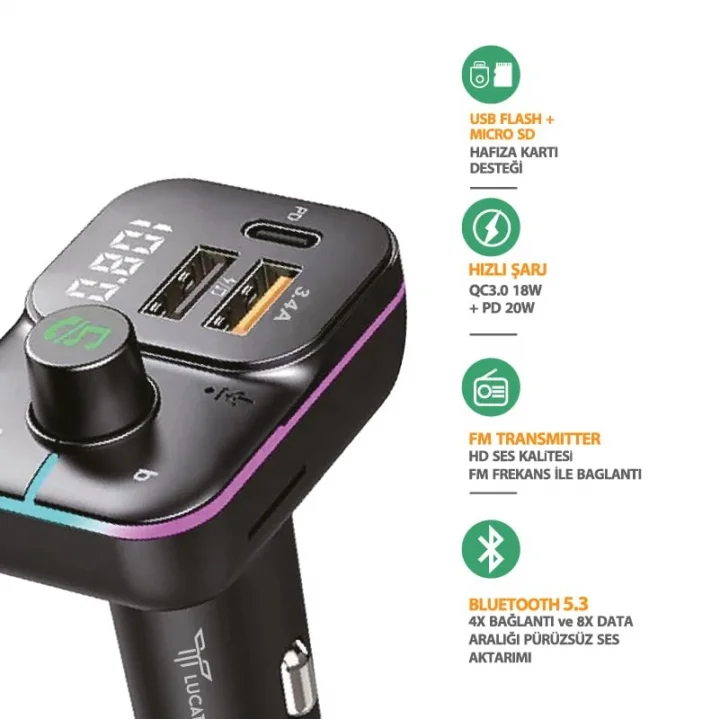 USB Flash + Hafıza Kart Uyumlu FM Transmitter - Araç Şarjı ve Bluetooth Kiti