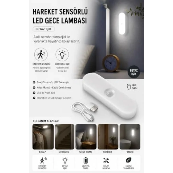 USB Şarjlı LED Işık, Hareket Sensörlü, Beyaz Işık, Oda, Mutfak, Salon ve Merdiven için Taşınabilir Lamba